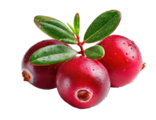 Close-up of three fresh cranberries with green leaves.  Water droplets visible on berries