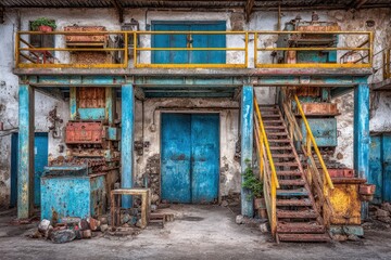 Exterior view of a dilapidated factory building with rusty metal machinery.