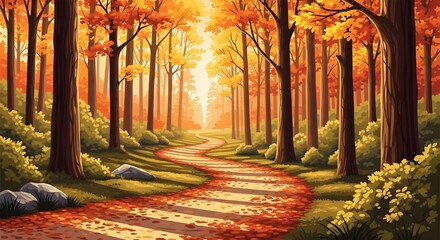 Autumn forest path digital art, vibrant fall foliage, golden leaves, winding trail through colorful woodland, peaceful seasonal nature illustration.
