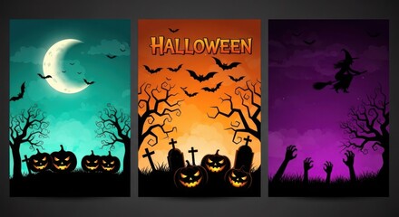 Halloween night with pumpkins, bats, witch, and graveyard scenes