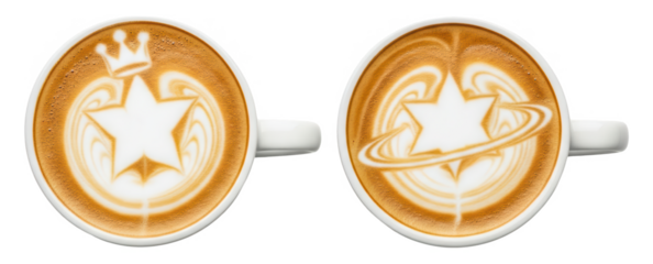 Two white coffee mugs with star-themed latte art, top view on a clean white background, PNG