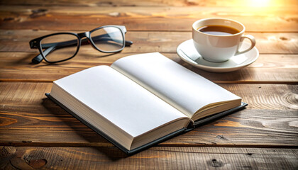 Fototapeta premium A quiet morning moment for reading and study, featuring an open book with blank pages, eyeglasses, and a cup of coffee on a wooden table