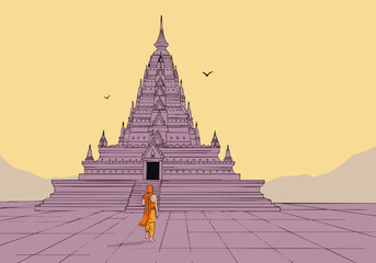 A serene monk walks towards a majestic Buddhist temple in a vast landscape. The image evokes reverence and spiritual contemplation. A subtle, calming atmosphere. © vector