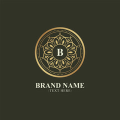 Elegant Golden Monogram Letter B Floral Ornament Mandala Logo Design