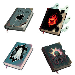Obraz premium Set of four horror books with torn covers — creepy octopus, ghosts, burning eye, haunted theme, isolated on transparent background