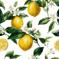 Citrus fruit and flower seamless pattern