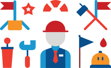 Labor day collection of worker icons tools flags festive symbols for celebrations