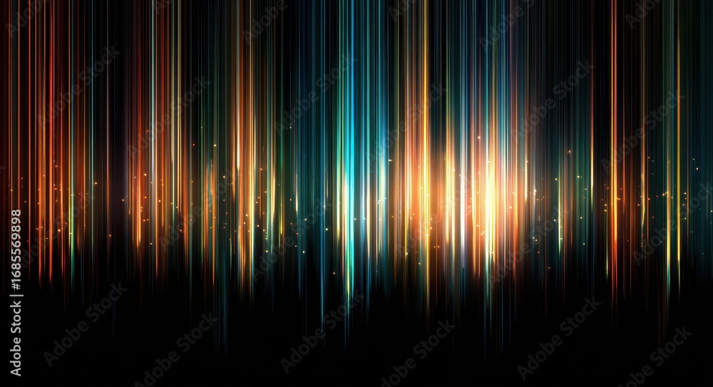Poster vertical light streaks: bright abstract lines creating a digital rain effect on a dynamic background