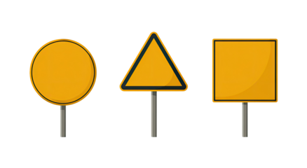 Three traffic signs circular, triangular, and square, all yellow