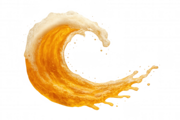 Golden beer splashing, creating dynamic foam wave, arching high with effervescent texture against crystal-clear backdrop