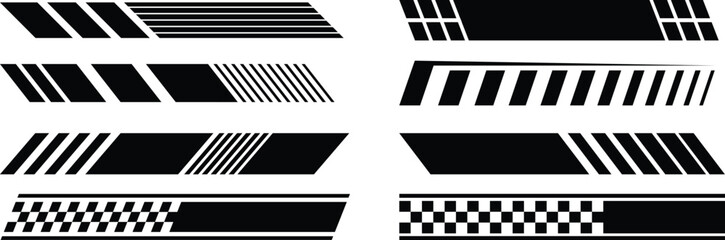 Racing car stripes set. Checkered flag, finish line, dynamic lines, and motocross labels for motorsport and automotive, sport decals, vehicle tuning stickers. Vector illustration