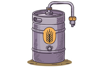 A stylized illustration of a keg brew source, showcasing a metallic barrel with tap. Clean, modern design with a purple background. Perfect for craft beer, beverage, or industrial themes.