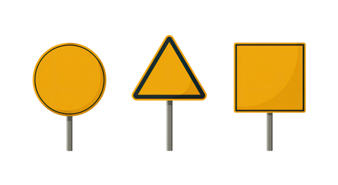 Three traffic signs circular, triangular, and square, all yellow