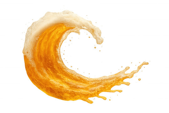 Golden beer splashing, creating dynamic foam wave, arching high with effervescent texture against crystal-clear backdrop