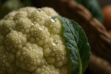 Organic close-up highlights the fractal beauty of fresh cauliflower with water droplets and kale leaf on a rustic background.