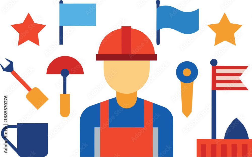 Poster labor day icons collection featuring worker tools flags stars and more scalable vector graphics