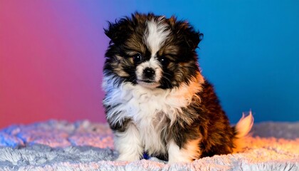 Fluffy puppy, multi-colored fur, sits on textured surface, vibrant background