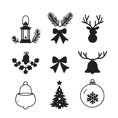 Vector art of set of black christmas silhouette icons including reindeer, bells, trees, and lanterns