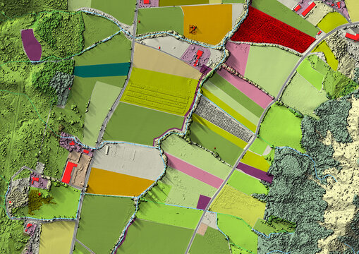 Concept de fond g&eacute;ographique - Donn&eacute;es lidar HD - Vue a&eacute;rienne de la topographie et occupation du sol d'un territoire - Rendu 2d mod&egrave;le num&eacute;rique de terrain et nuage de points Lidar HD