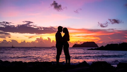 Fototapeta premium Silhouette couple embracing at sunset