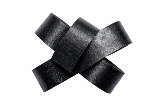 Dark, textured ribbons crisscross, forming a stylized X
