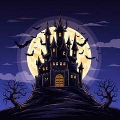 Creepy vampire castle on hill, bats flying, Halloween night, scary vector illustration