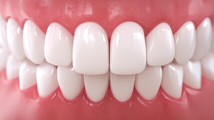 Close up macro shot of a perfect set of white human teeth and gums with a healthy pink tone