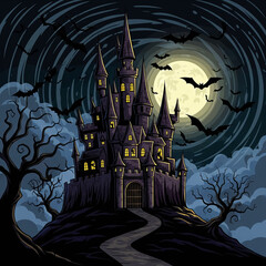 Creepy vampire castle on hill, bats flying, Halloween night, scary vector illustration