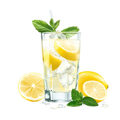 Refreshing Lemonade Drink with Ice, Lemon Slices, and Fresh Mint Leaves in a Glass, Isolated on Black Background