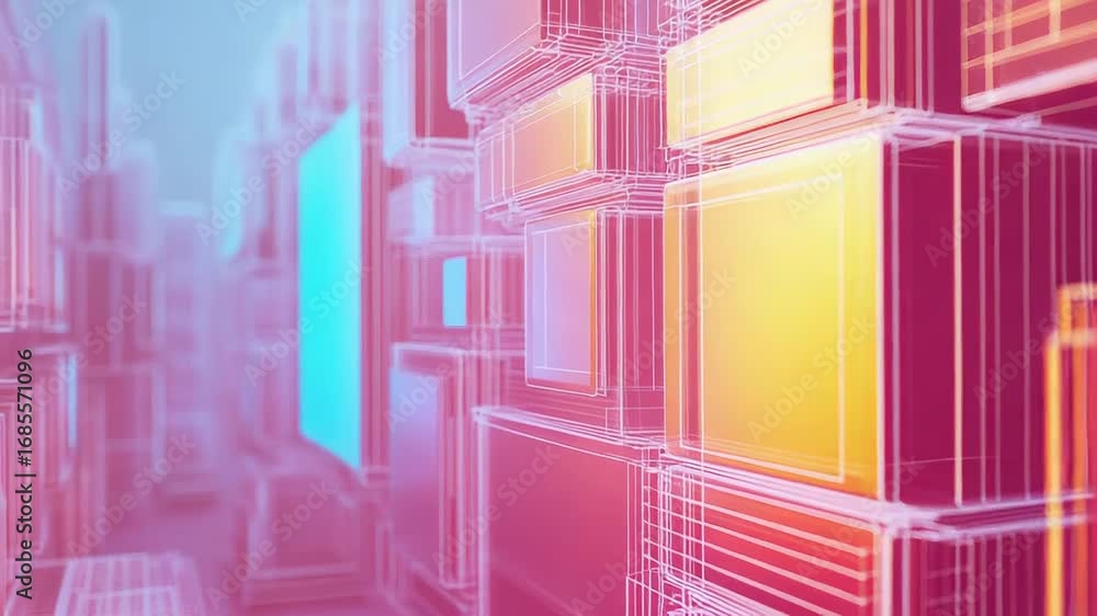 Poster abstract glowing wireframe cubes creating futuristic corridor in pink and yellow colors