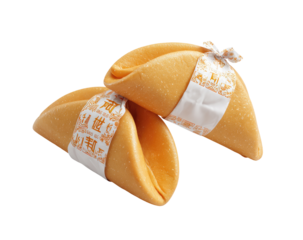 Two fortune cookies, light orange/tan color, wrapped in white paper with Asian script