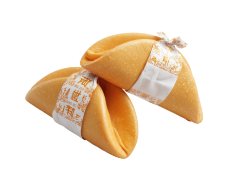 Two fortune cookies, light orange/tan color, wrapped in white paper with Asian script