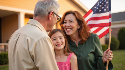 Happy family celebrating together outdoors with American flag, showcasing love and unity