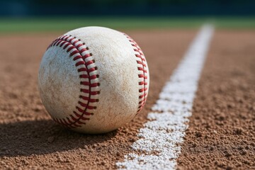 A close-up of a baseball resting on a dirt field, with a white chalk line running alongside it, highlighting the sport's vibrant atmosphere.