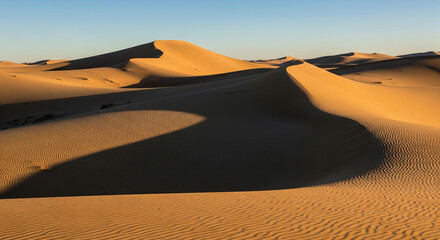 Golden Sand Dunes Desert Landscape with Shadows, Scenic Nature View, Vast Arid Wilderness, Beautiful Sandy Hills under Clear Sky