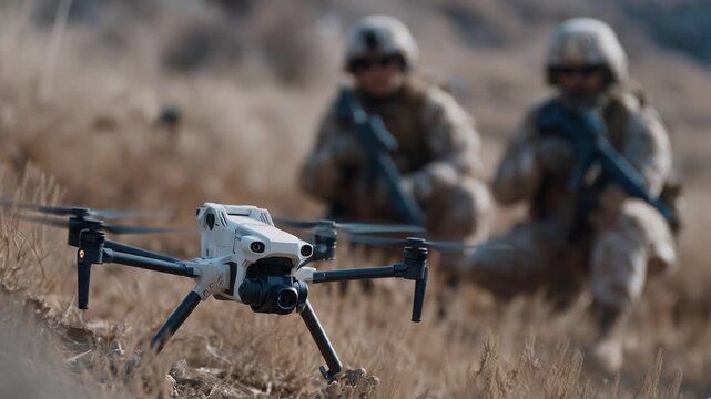 A military drone equipped with thermal imaging surveys a scorched battlefield, providing crucial intel to nearby soldiers.