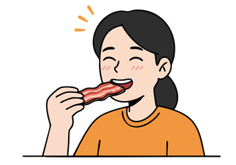 woman experiences 'Crispy Bacon Bliss' - a moment of pure joy while savoring a piece of bacon  Bright cheerful illustration with a soft inviting aesthetic