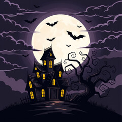 Spooky haunted house under full moon, flying bats, Halloween night vector illustration, dark and eerie style