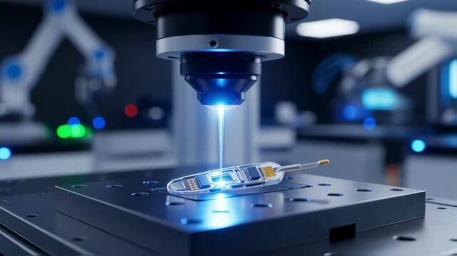 Automated laser welding station creating leakproof seals on compact implantable biosensors designed for continuous patient data collection.