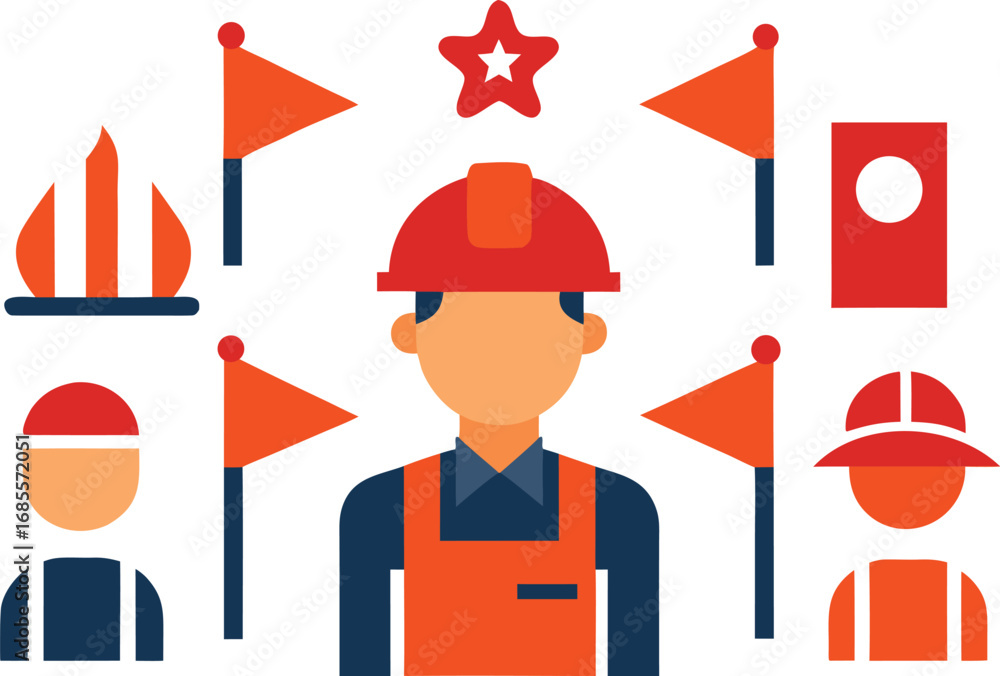 Poster labor day worker icons collection tools flags featuring construction and firefighter themes vector