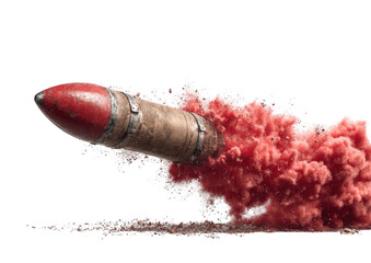 A missile launching with a vibrant red plume of smoke