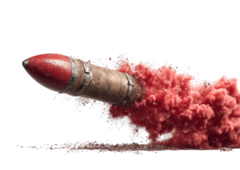 A missile launching with a vibrant red plume of smoke