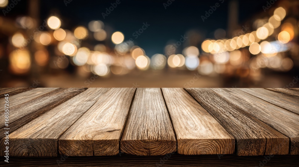 Poster a wooden tabletop in the foreground with a beautifully blurred, bokeh-lit background creating a warm