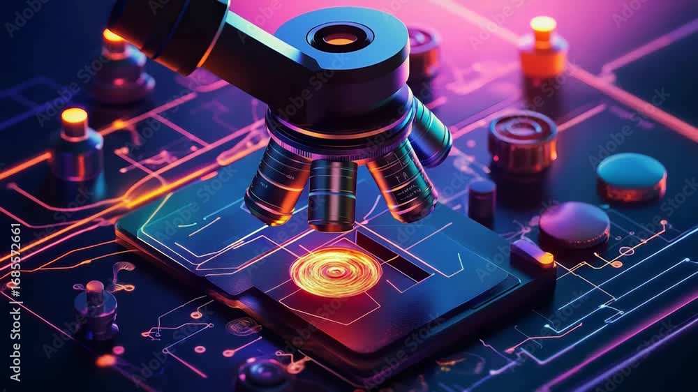 Poster microscope examining futuristic microchip with glowing circuits