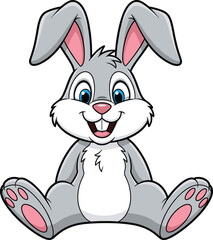Adorable Cartoon Gray Bunny Rabbit with Big Ears and Bright Eyes, Cute Animal Illustration for Kids and Fun Designs