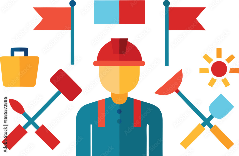 Poster labor day worker tools flags vector illustration scalable eps icon collection