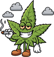Cartoon Marijuana Leaf Character Smiling with Joint, Fun and Playful Illustration of Cannabis Culture and Stoner Lifestyle