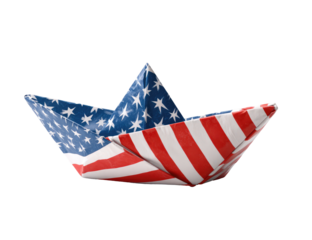 A paper boat crafted in the design of the American flag.  