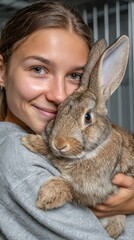 Woman Holding Rabbit in Arms During Telemedicine Consultation with Veterinarian for Pet Care and Health Assessment