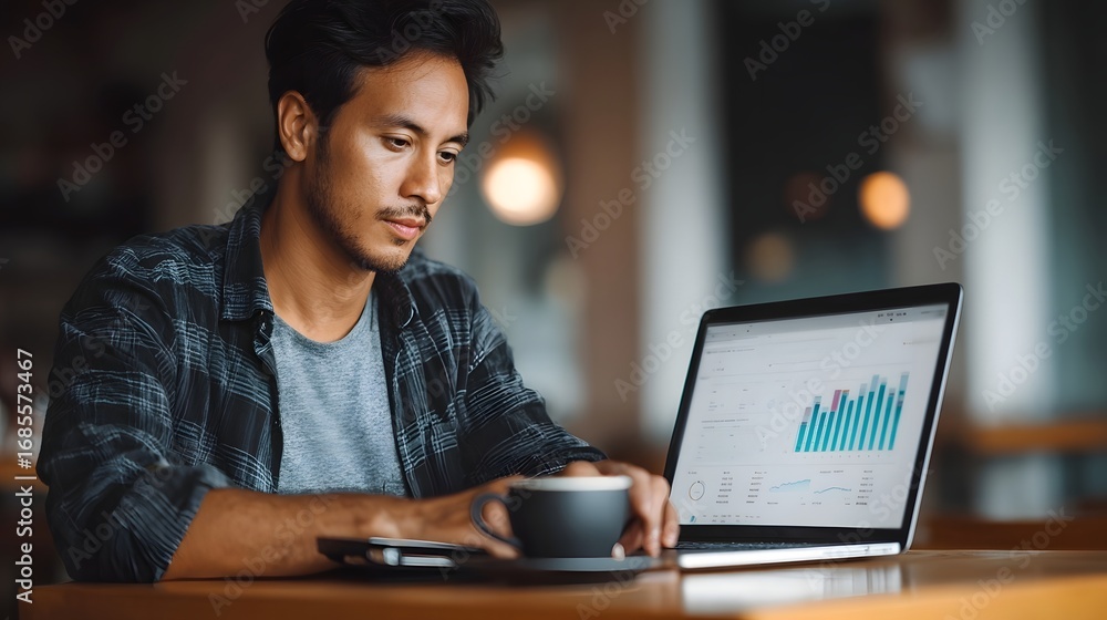 Poster focused man reviewing business data and analytics on his laptop while enjoying coffee in a modern ca